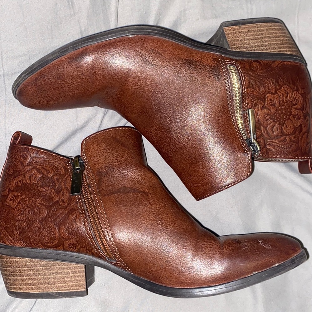 Floral Embossed Brown Leather Booties